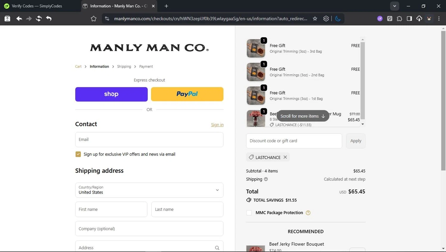 The Manly Man Co coupon code screenshot showing code LASTCHANCE applied at The Manly Man Co checkout page. Uploaded by SimplyCodes community member domain on Oct 11, 2025