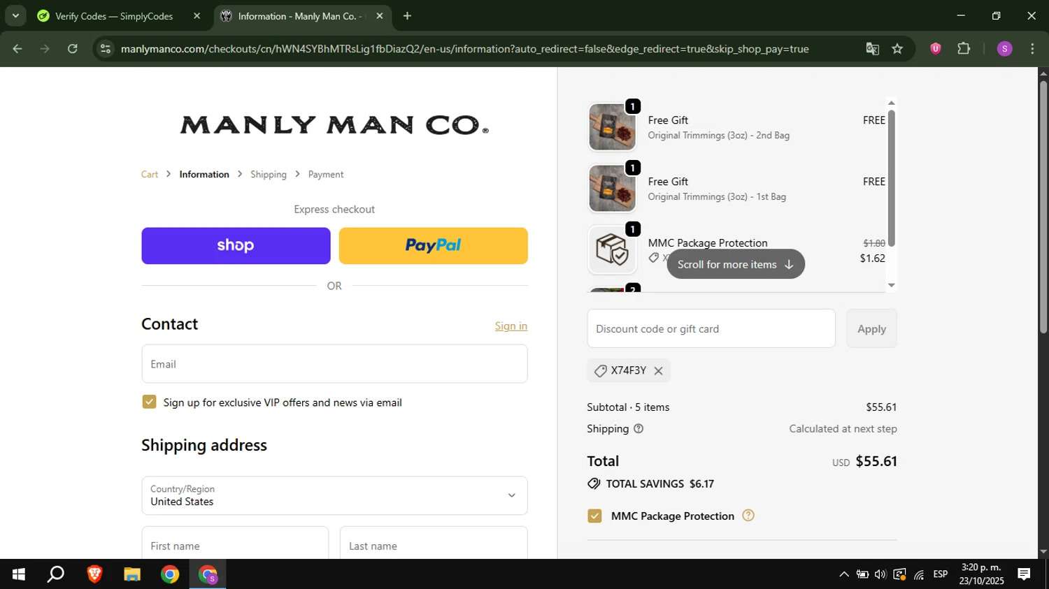 The Manly Man Co coupon code screenshot showing code X74F3Y applied at The Manly Man Co checkout page. Uploaded by SimplyCodes community member AbusaGordas on Oct 23, 2025