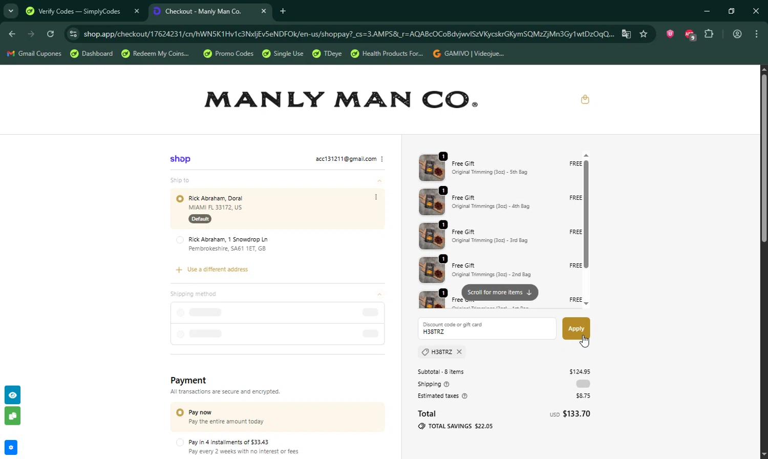 The Manly Man Co coupon code screenshot showing code H38TRZ applied at The Manly Man Co checkout page. Uploaded by SimplyCodes community member LHaunter on Nov 15, 2025