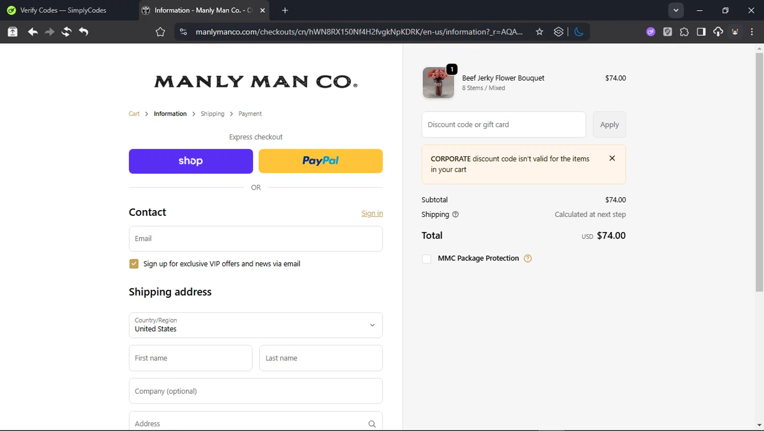 The Manly Man Co checkout page showing The Manly Man Co coupon code box | Screenshot taken by SimplyCodes community member on Feb 5, 2026