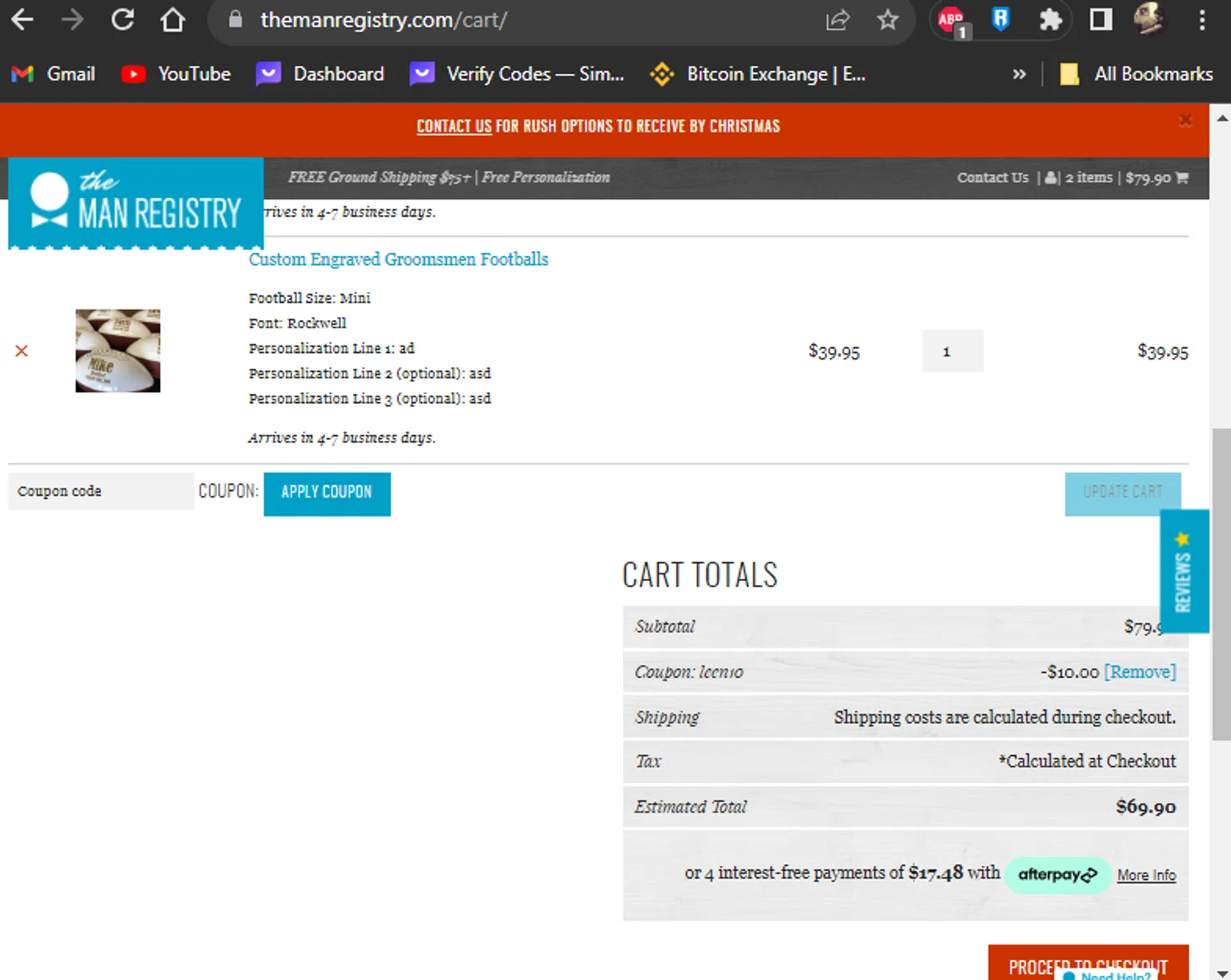 The Man Registry checkout page showing The Man Registry coupon code box | Screenshot taken by SimplyCodes community member on Dec 12, 2023