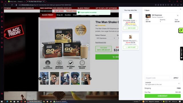 The Man Shake checkout page showing The Man Shake coupon code box | Screenshot taken by SimplyCodes community member on Nov 27, 2024