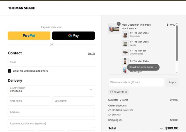 The Man Shake checkout page showing The Man Shake coupon code box | Screenshot taken by SimplyCodes community member on Aug 4, 2025