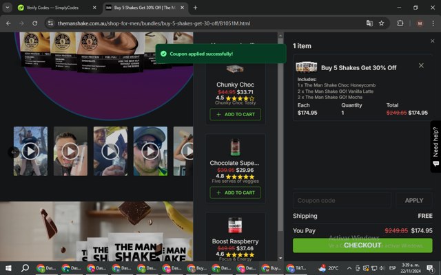 The Man Shake checkout page showing The Man Shake coupon code box | Screenshot taken by SimplyCodes community member on Nov 22, 2024