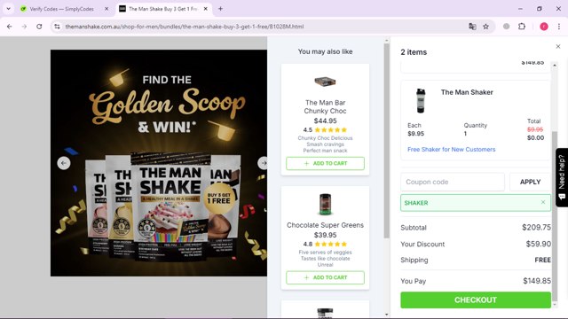 The Man Shake checkout page showing The Man Shake coupon code box | Screenshot taken by SimplyCodes community member on Oct 14, 2024