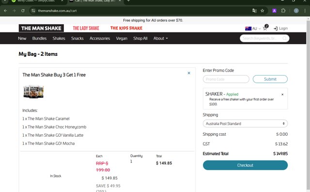 The Man Shake checkout page showing The Man Shake coupon code box | Screenshot taken by SimplyCodes community member on Nov 12, 2024