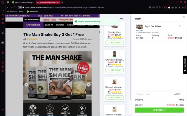 The Man Shake checkout page showing The Man Shake coupon code box | Screenshot taken by SimplyCodes community member on Apr 11, 2025