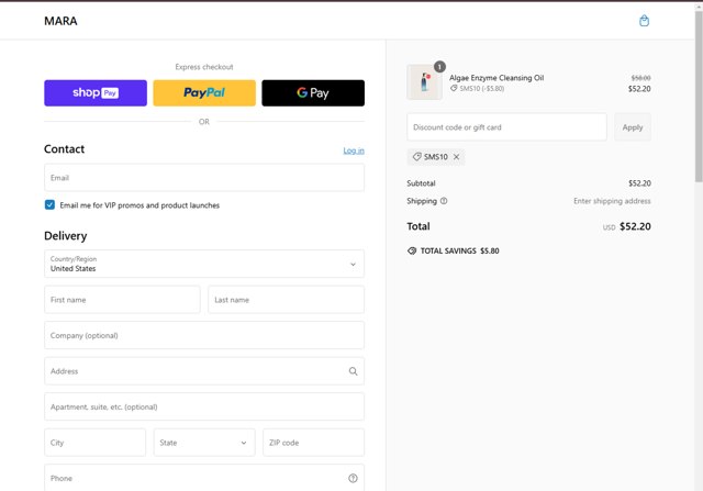 MARA Beauty checkout page showing MARA Beauty promo code box | Screenshot taken by SimplyCodes community member on Feb 26, 2025