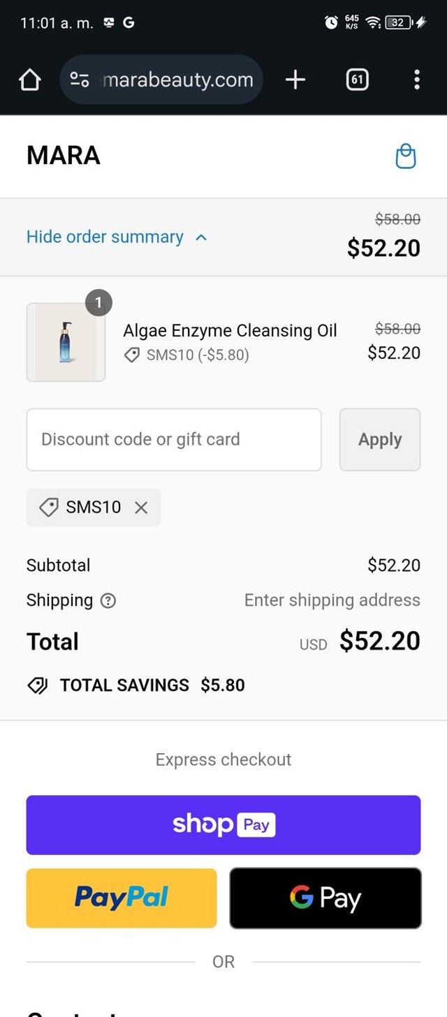 MARA Beauty checkout page showing MARA Beauty promo code box | Screenshot taken by SimplyCodes community member on Aug 7, 2024