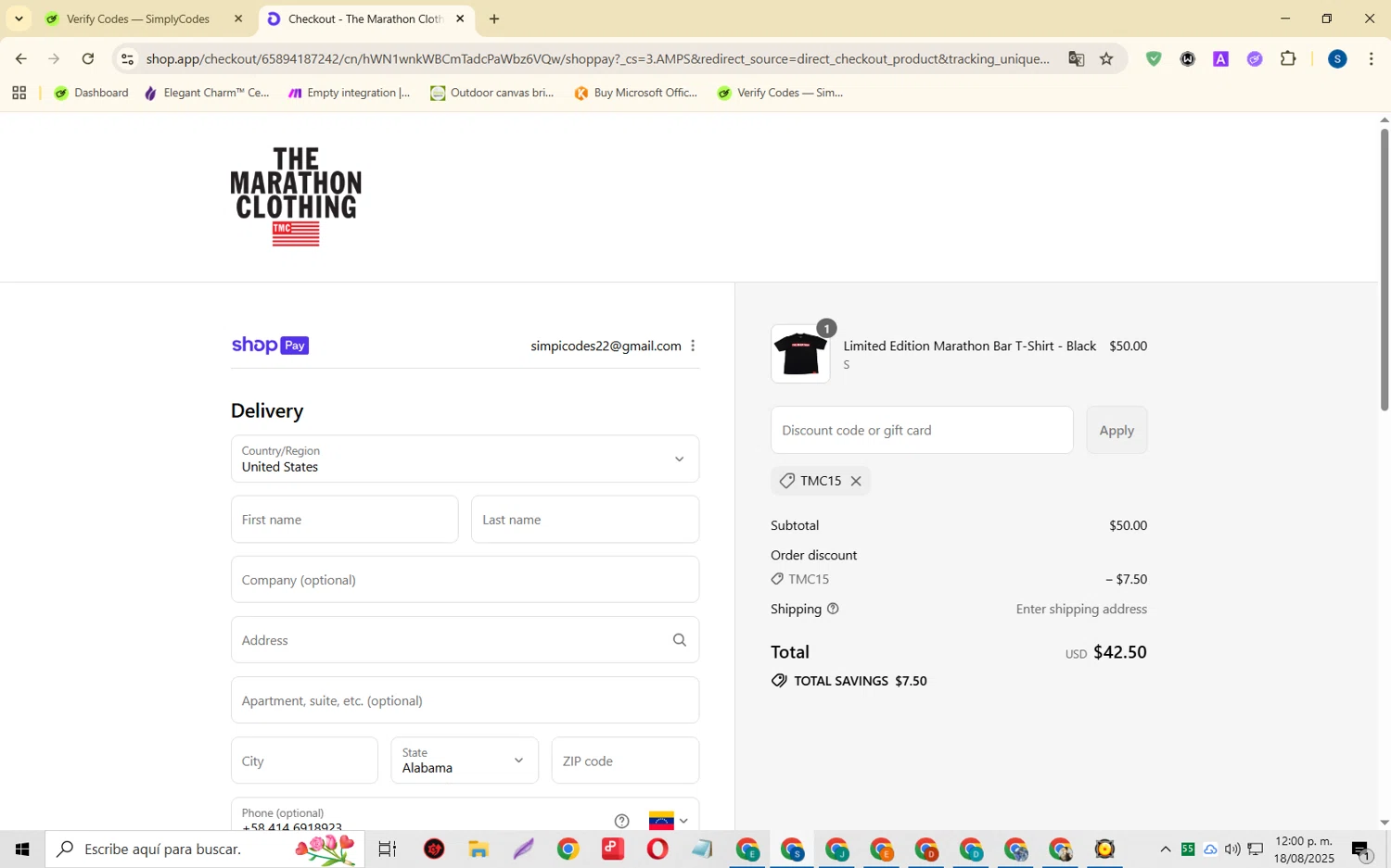 The Marathon Clothing discount code screenshot showing code TMC15 applied at The Marathon Clothing checkout page. Uploaded by SimplyCodes community member CleverOwl2485 on Aug 18, 2025