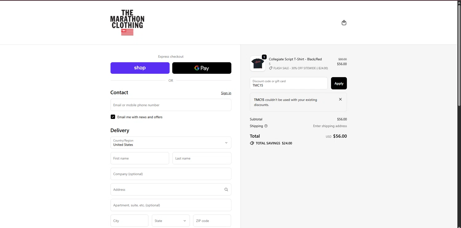 The Marathon Clothing discount code screenshot showing code TMC15 applied at The Marathon Clothing checkout page. Uploaded by SimplyCodes community member FortunateSeeker4672 on Oct 15, 2025
