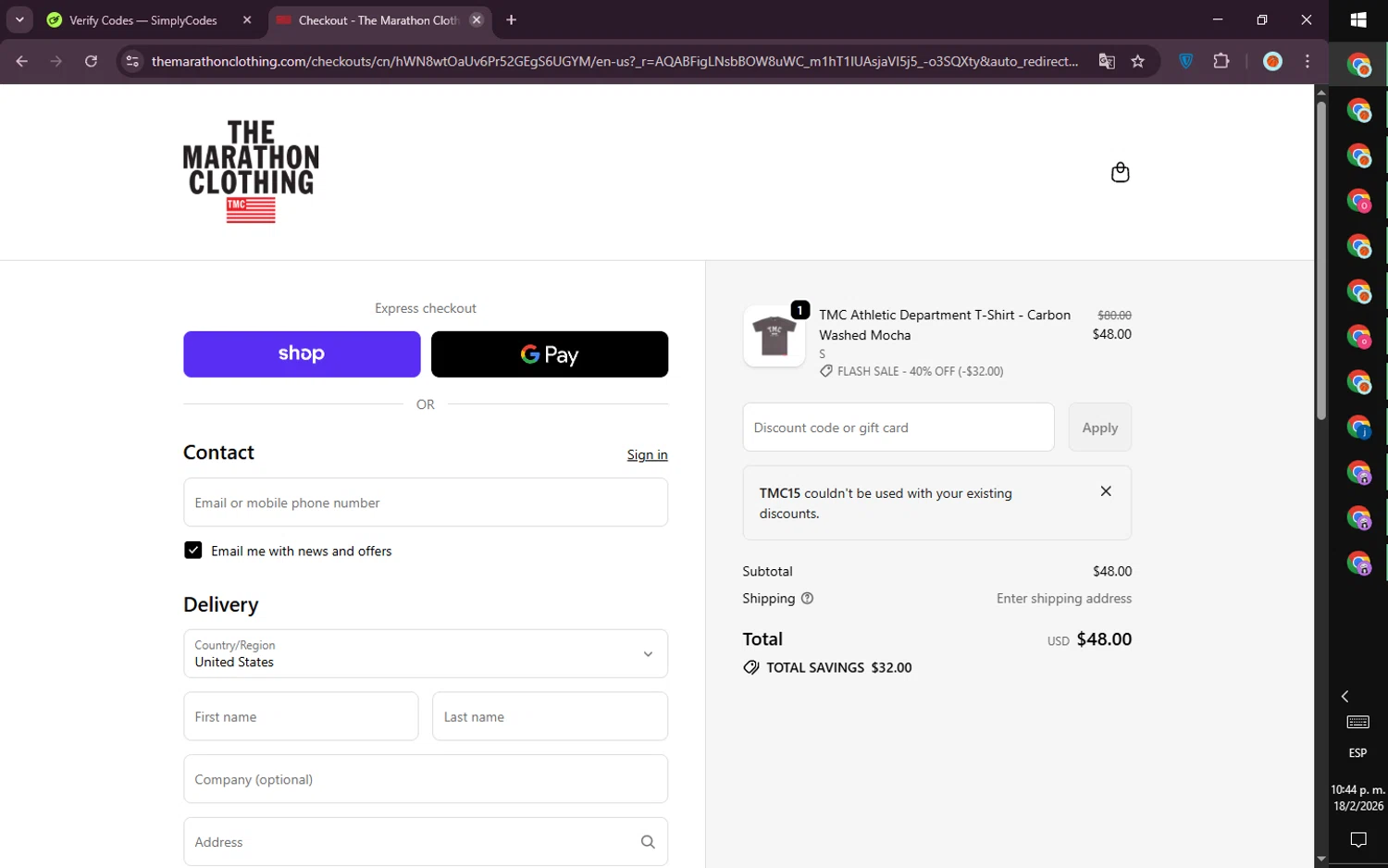 The Marathon Clothing checkout page showing The Marathon Clothing discount code box | Screenshot taken by SimplyCodes community member on Feb 19, 2026