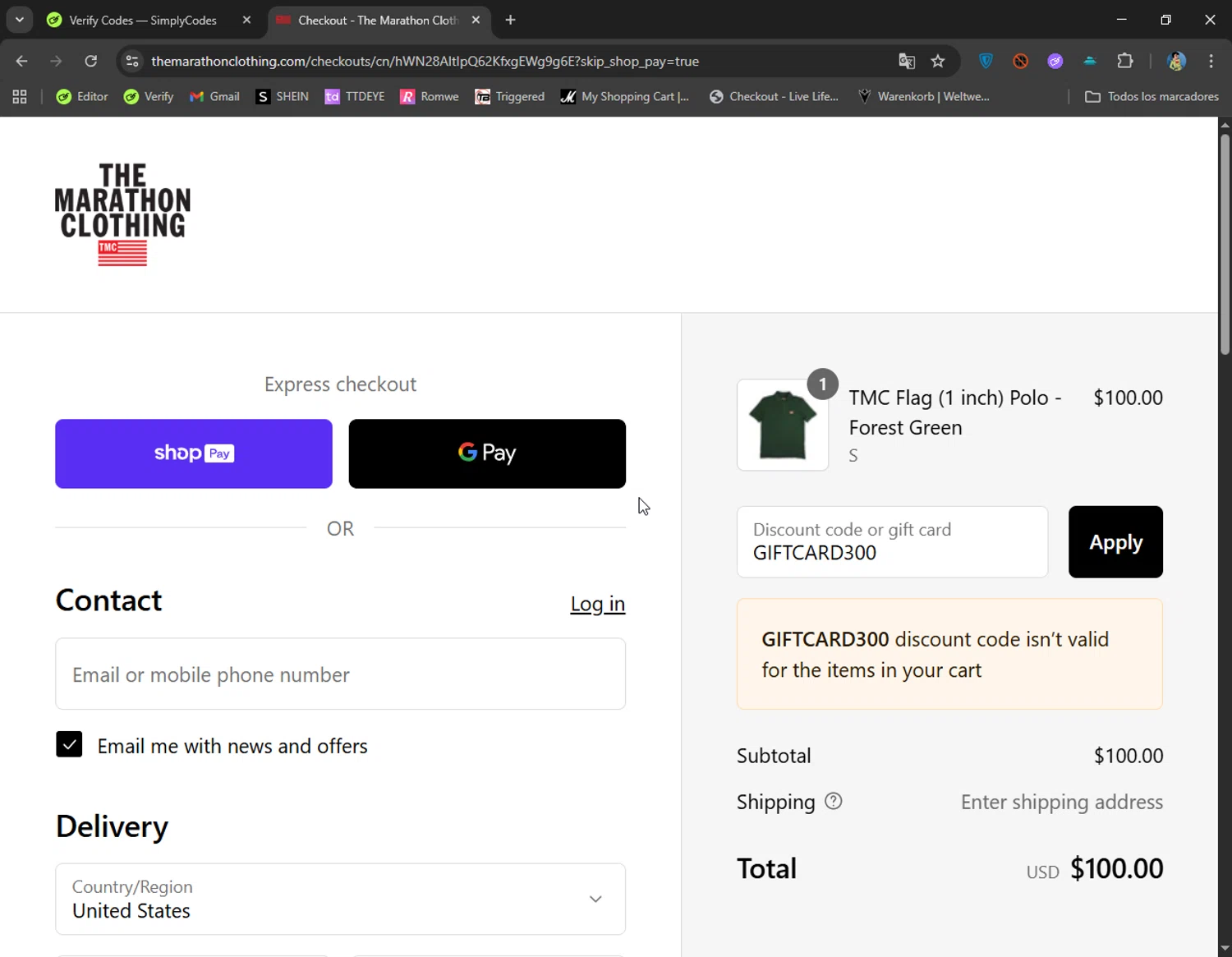 The Marathon Clothing discount code screenshot showing code GIFTCARD300 applied at The Marathon Clothing checkout page. Uploaded by SimplyCodes community member CoolMcCool on Aug 23, 2025