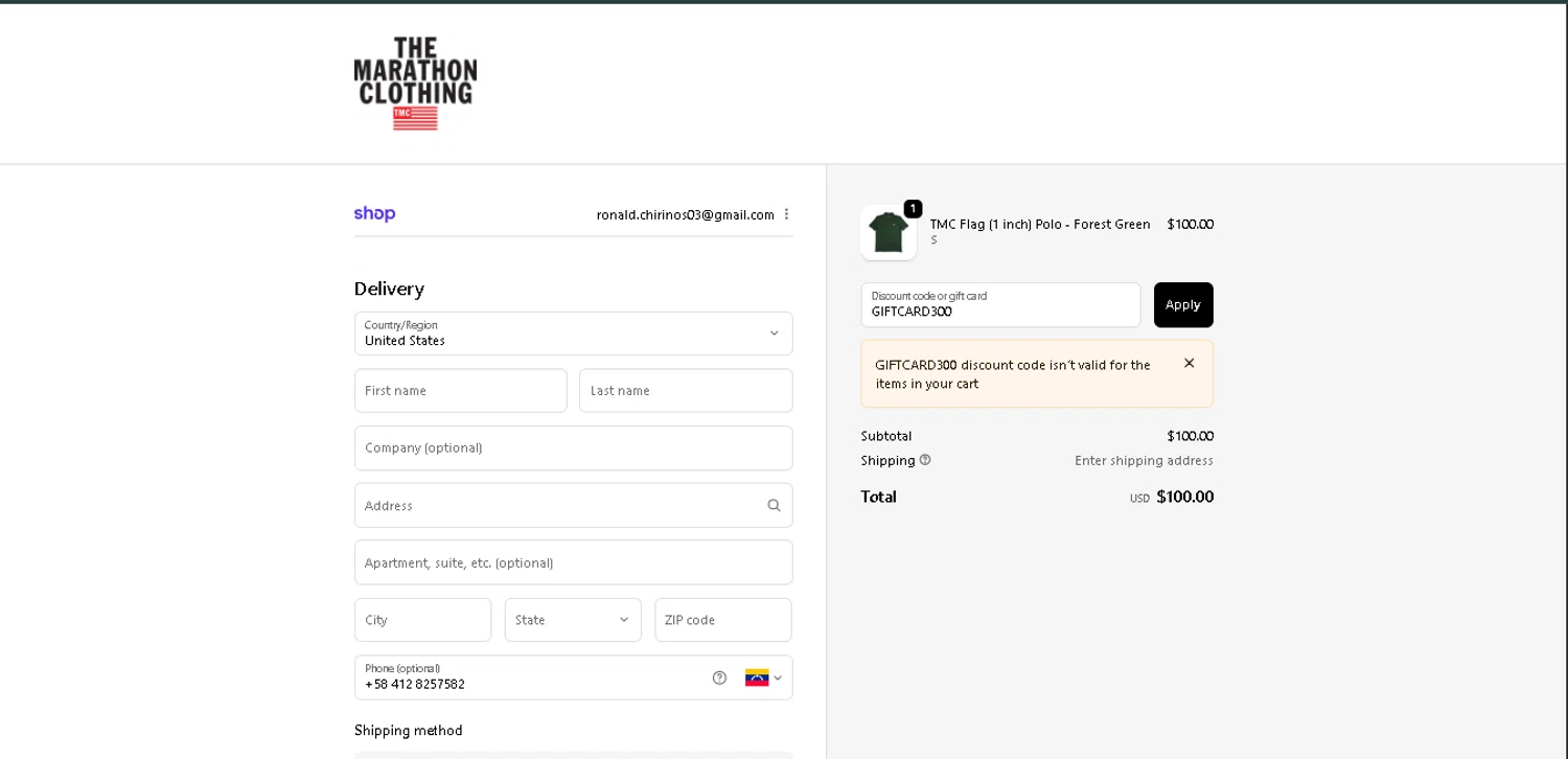 The Marathon Clothing discount code screenshot showing code GIFTCARD300 applied at The Marathon Clothing checkout page. Uploaded by SimplyCodes community member GoldAce6962 on Dec 12, 2025