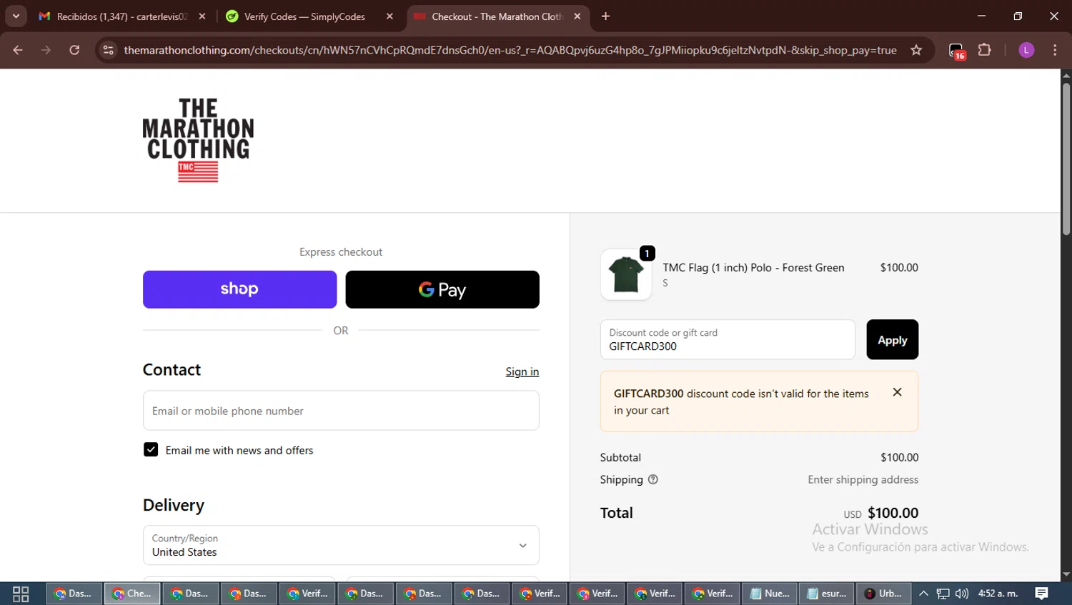 The Marathon Clothing discount code screenshot showing code GIFTCARD300 applied at The Marathon Clothing checkout page. Uploaded by SimplyCodes community member RewardScout5160 on Nov 10, 2025