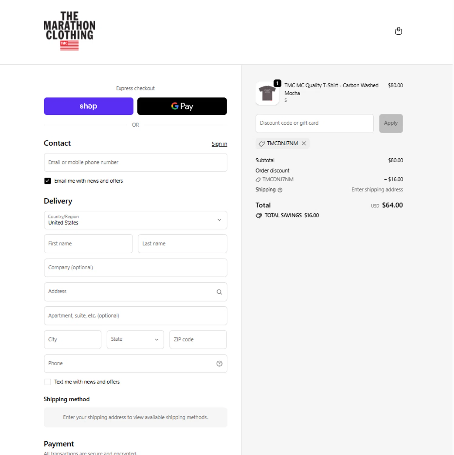 The Marathon Clothing discount code screenshot showing code TMCDNJ7NM applied at The Marathon Clothing checkout page. Uploaded by SimplyCodes community member reggiesmith on Jan 16, 2026