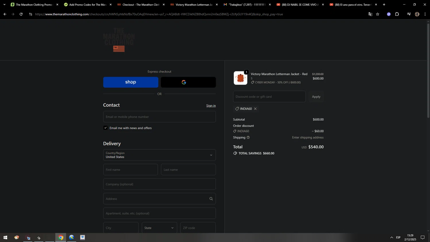The Marathon Clothing discount code screenshot showing code india60 applied at The Marathon Clothing checkout page. Uploaded by SimplyCodes community member MarcosAranguren on Dec 2, 2025