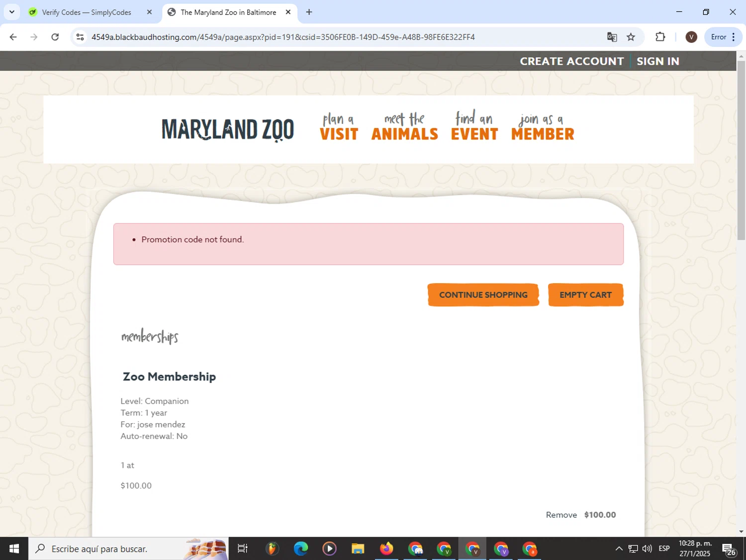 The Maryland Zoo promo code screenshot showing code PENGUINSROCK23 applied at The Maryland Zoo checkout page. Uploaded by SimplyCodes community member CashLion3448 on Jan 28, 2025