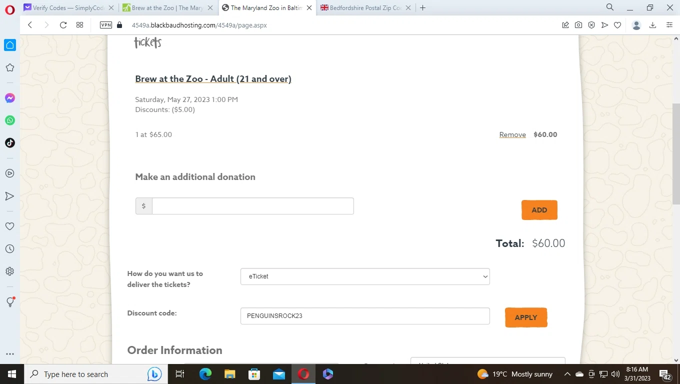 The Maryland Zoo checkout page showing The Maryland Zoo promo code box | Screenshot taken by SimplyCodes community member on Mar 31, 2023