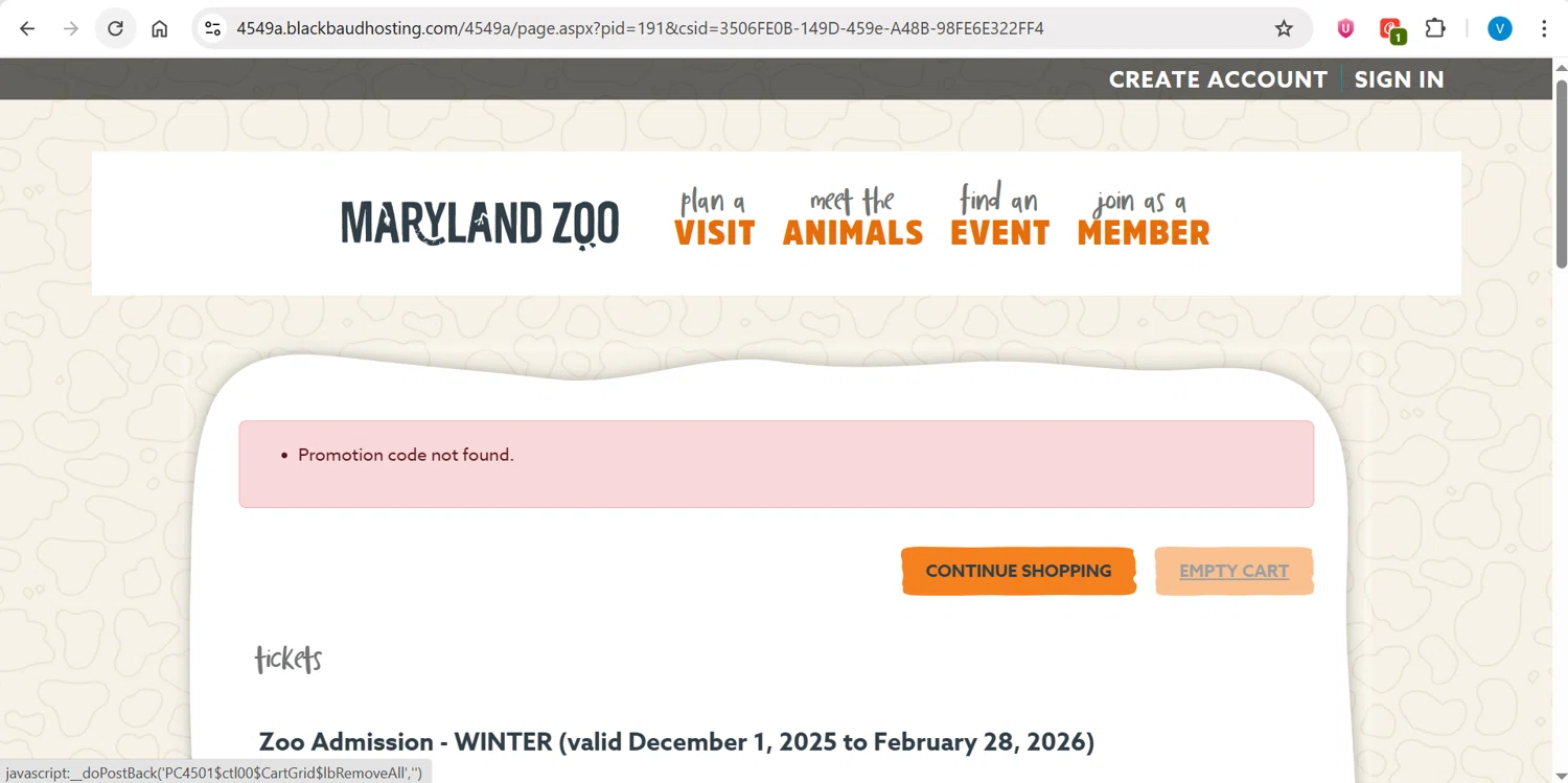 The Maryland Zoo promo code screenshot showing code ZOO applied at The Maryland Zoo checkout page. Uploaded by SimplyCodes community member CleverPilot4885 on Feb 1, 2026