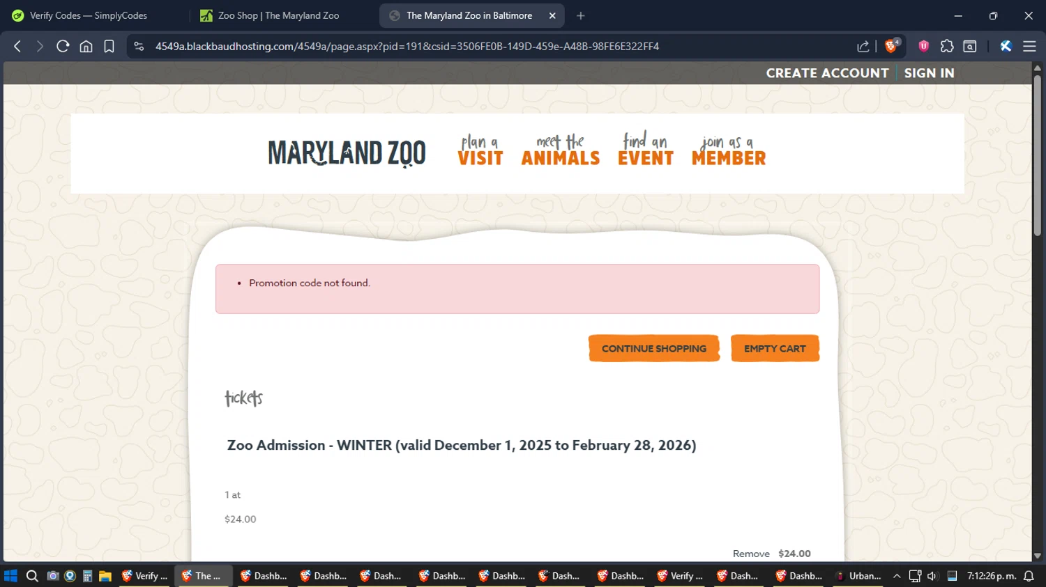 The Maryland Zoo promo code screenshot showing code ZOO applied at The Maryland Zoo checkout page. Uploaded by SimplyCodes community member verifier_983798000 on Dec 12, 2025