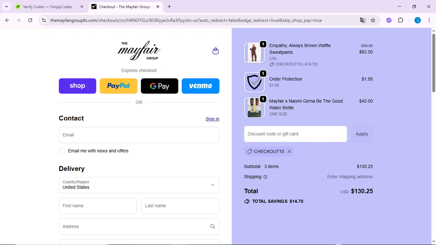 The Mayfair Group promo code screenshot showing code CHECKOUT15 applied at The Mayfair Group checkout page. Uploaded by SimplyCodes community member CodeLynx3161 on Sep 29, 2025
