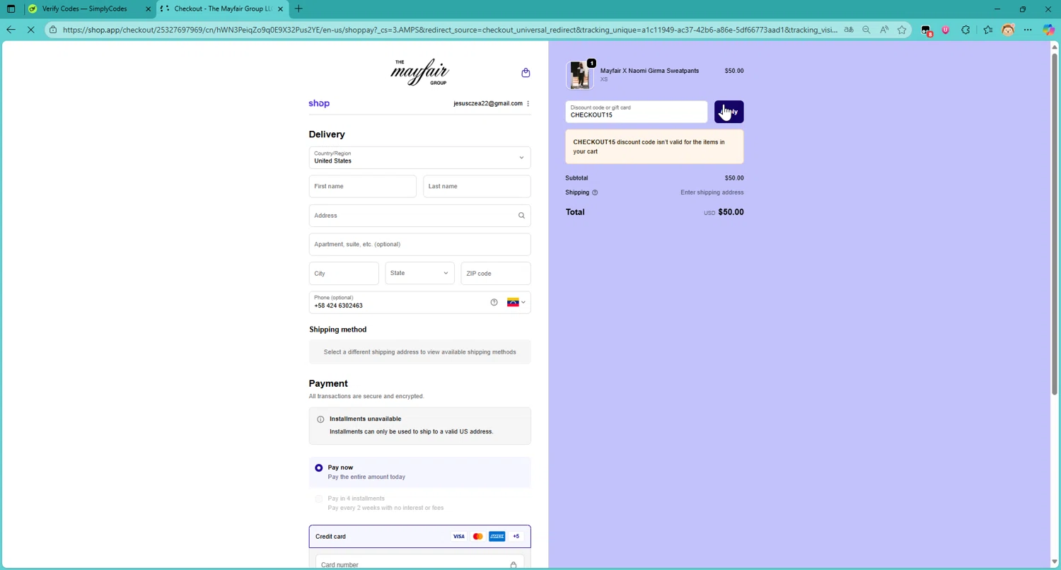 The Mayfair Group promo code screenshot showing code CHECKOUT15 applied at The Mayfair Group checkout page. Uploaded by SimplyCodes community member DonutPunks on Sep 26, 2025