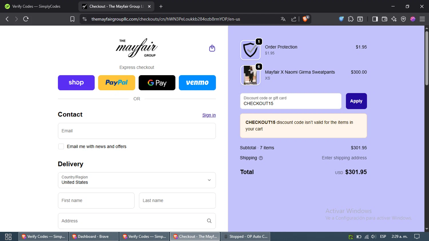 The Mayfair Group promo code screenshot showing code CHECKOUT15 applied at The Mayfair Group checkout page. Uploaded by SimplyCodes community member Waynesmith on Sep 26, 2025