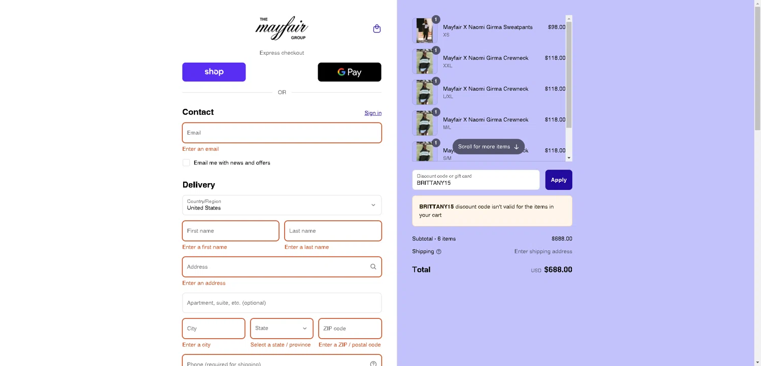 The Mayfair Group promo code screenshot showing code BRITTANY15 applied at The Mayfair Group checkout page. Uploaded by SimplyCodes community member VictoriousFinder4393 on Sep 17, 2025
