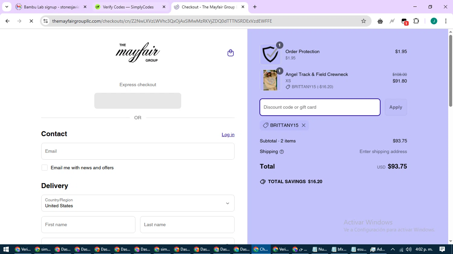 The Mayfair Group promo code screenshot showing code BRITTANY15 applied at The Mayfair Group checkout page. Uploaded by SimplyCodes community member SavvyCurator1770 on Apr 16, 2025
