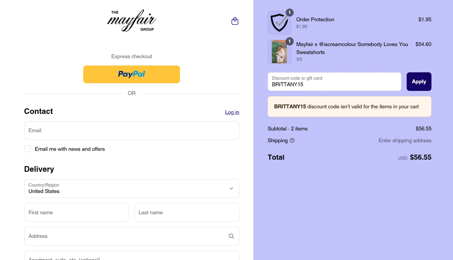The Mayfair Group promo code screenshot showing code BRITTANY15 applied at The Mayfair Group checkout page. Uploaded by SimplyCodes community member lyffytaro on May 28, 2025