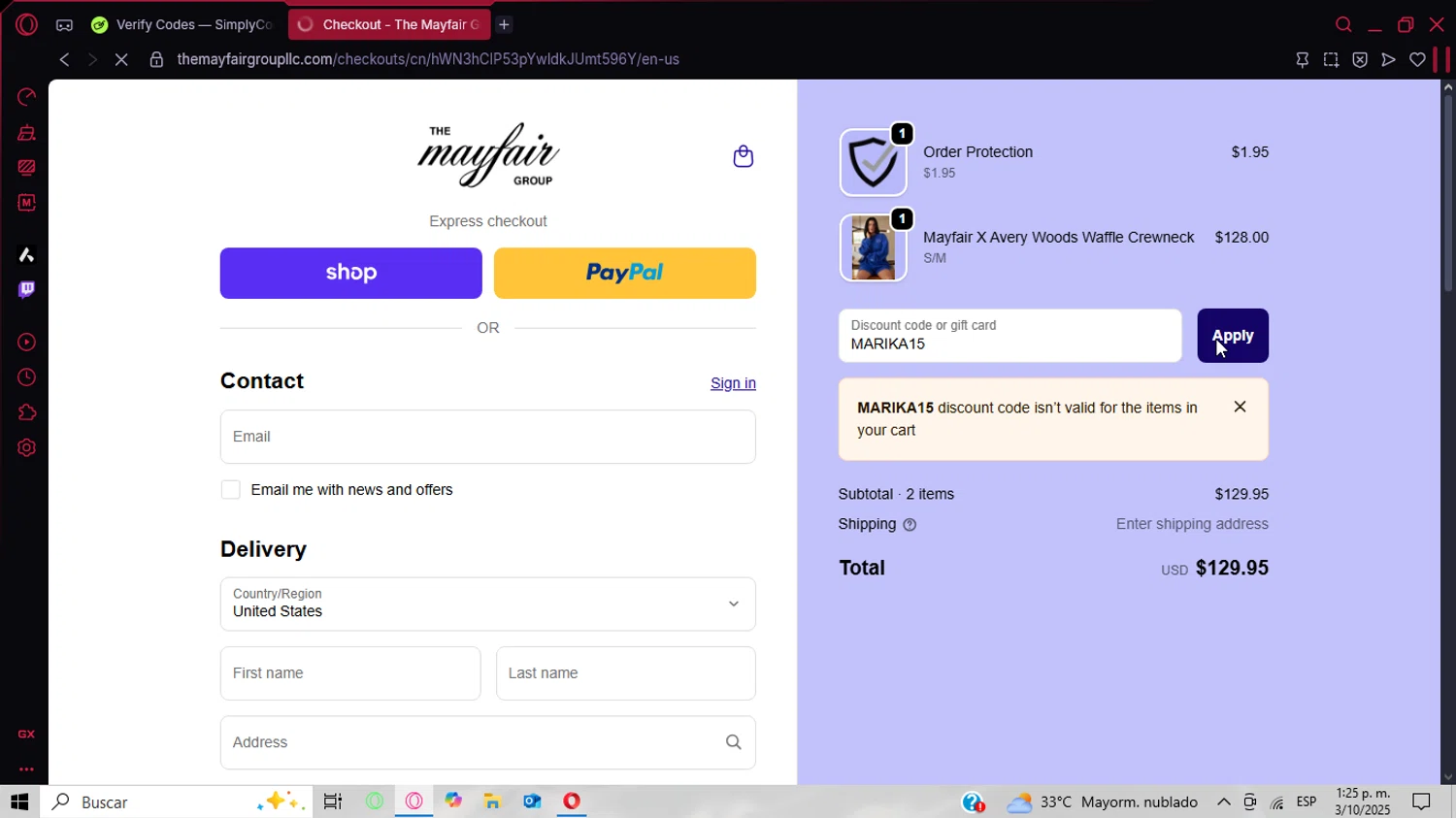The Mayfair Group promo code screenshot showing code MARIKA15 applied at The Mayfair Group checkout page. Uploaded by SimplyCodes community member CoinPhoenix3025 on Oct 3, 2025