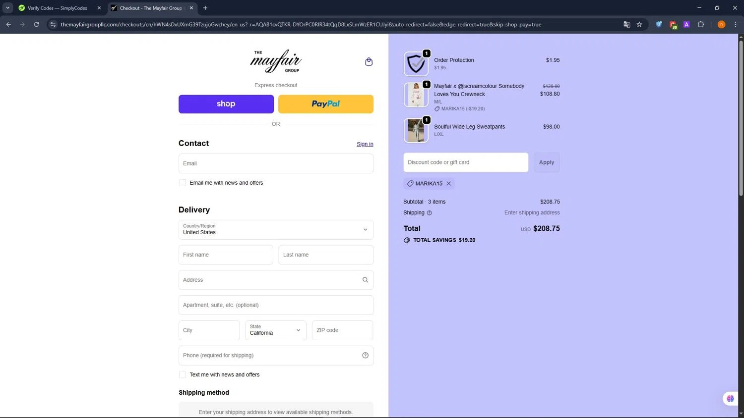 The Mayfair Group promo code screenshot showing code MARIKA15 applied at The Mayfair Group checkout page. Uploaded by SimplyCodes community member NobleScholar188 on Nov 3, 2025