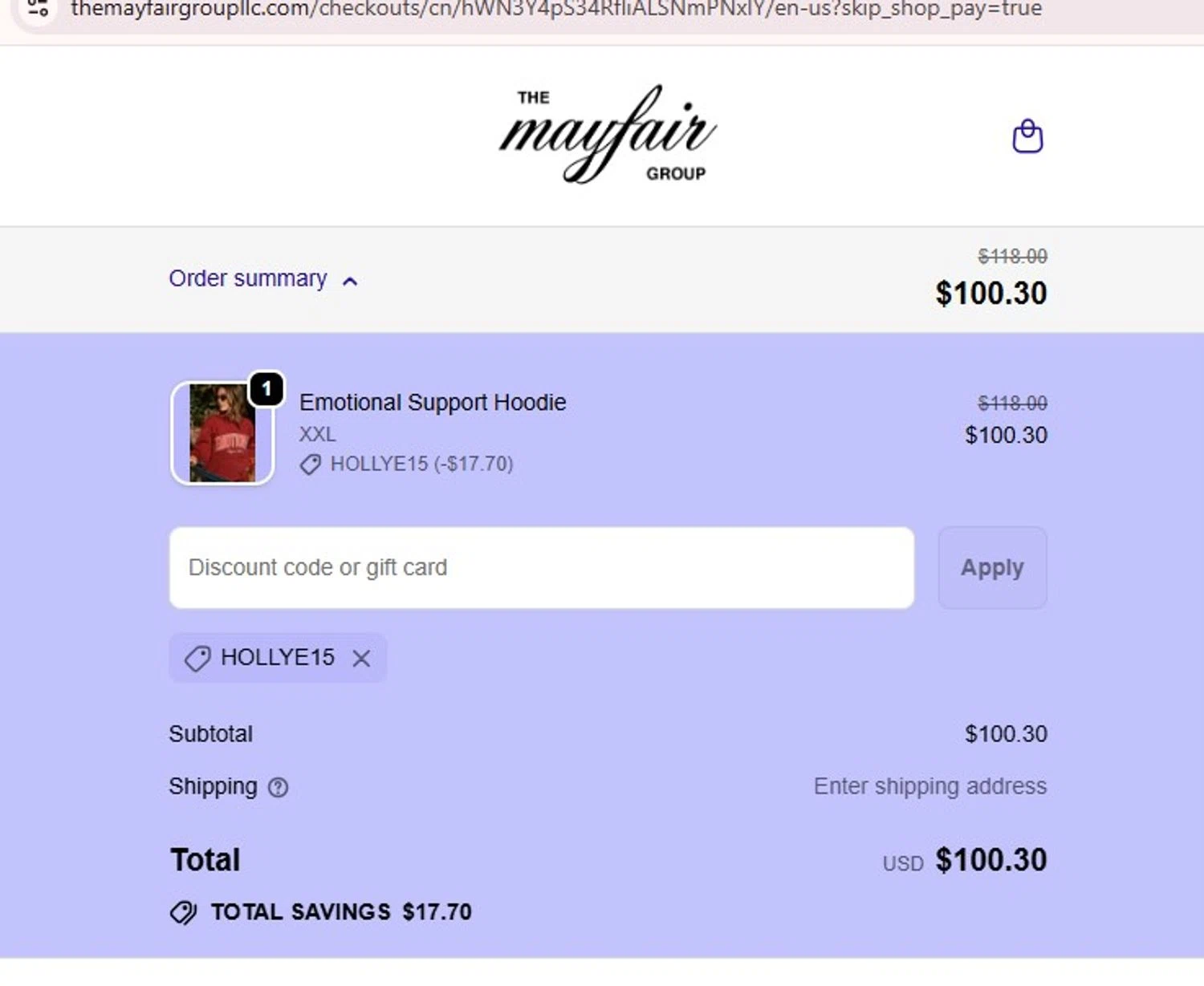 The Mayfair Group promo code screenshot showing code HOLLYE15 applied at The Mayfair Group checkout page. Uploaded by SimplyCodes community member MoneyFalcon5538 on Sep 29, 2025