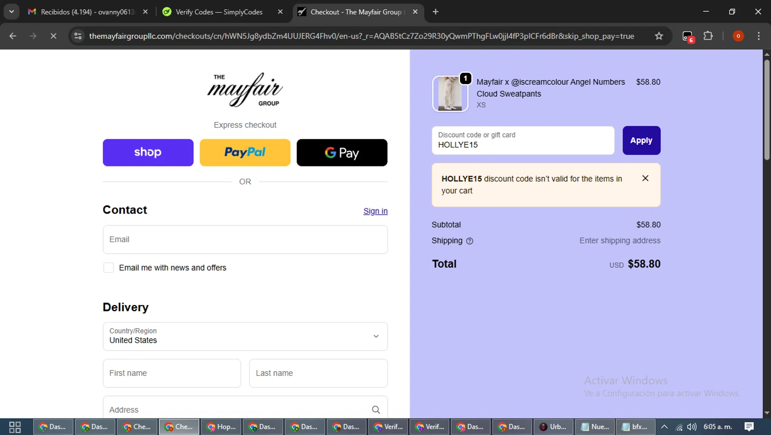 The Mayfair Group promo code screenshot showing code HOLLYE15 applied at The Mayfair Group checkout page. Uploaded by SimplyCodes community member WiseTracker2171 on Nov 15, 2025