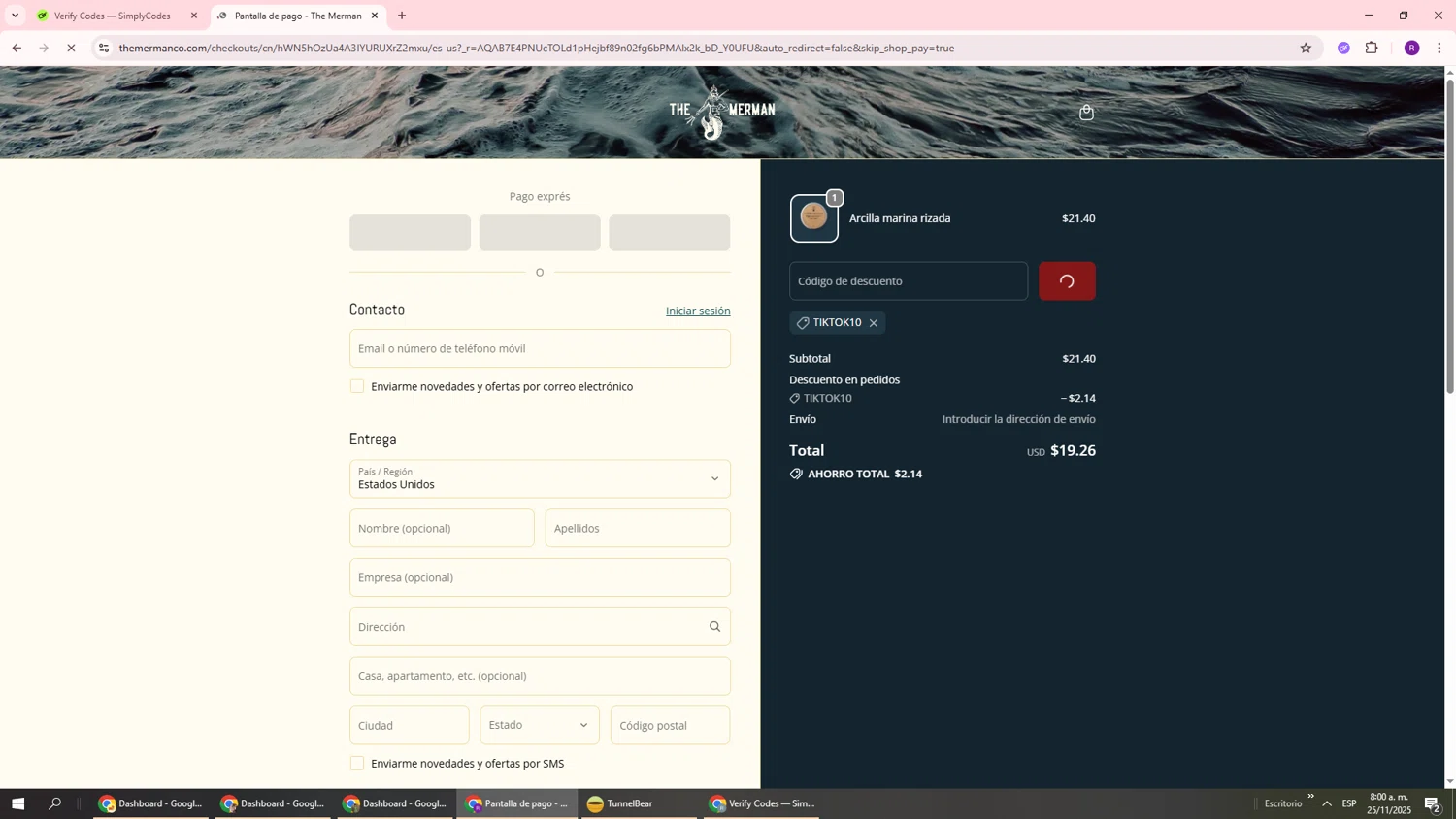 The Merman discount code screenshot showing code TIKTOK10 applied at The Merman checkout page. Uploaded by SimplyCodes community member ukemochi on Nov 25, 2025