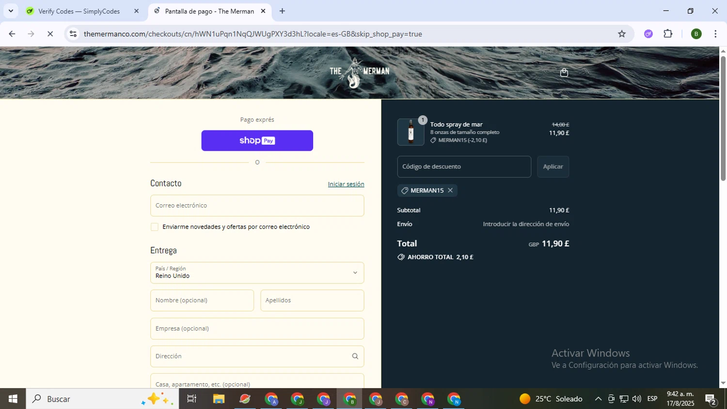 The Merman discount code screenshot showing code Merman15 applied at The Merman checkout page. Uploaded by SimplyCodes community member SaleVirtuoso5993 on Aug 17, 2025