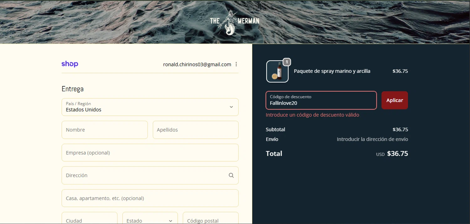 The Merman discount code screenshot showing code Fallinlove20 applied at The Merman checkout page. Uploaded by SimplyCodes community member Carlosramirez09 on Feb 12, 2026