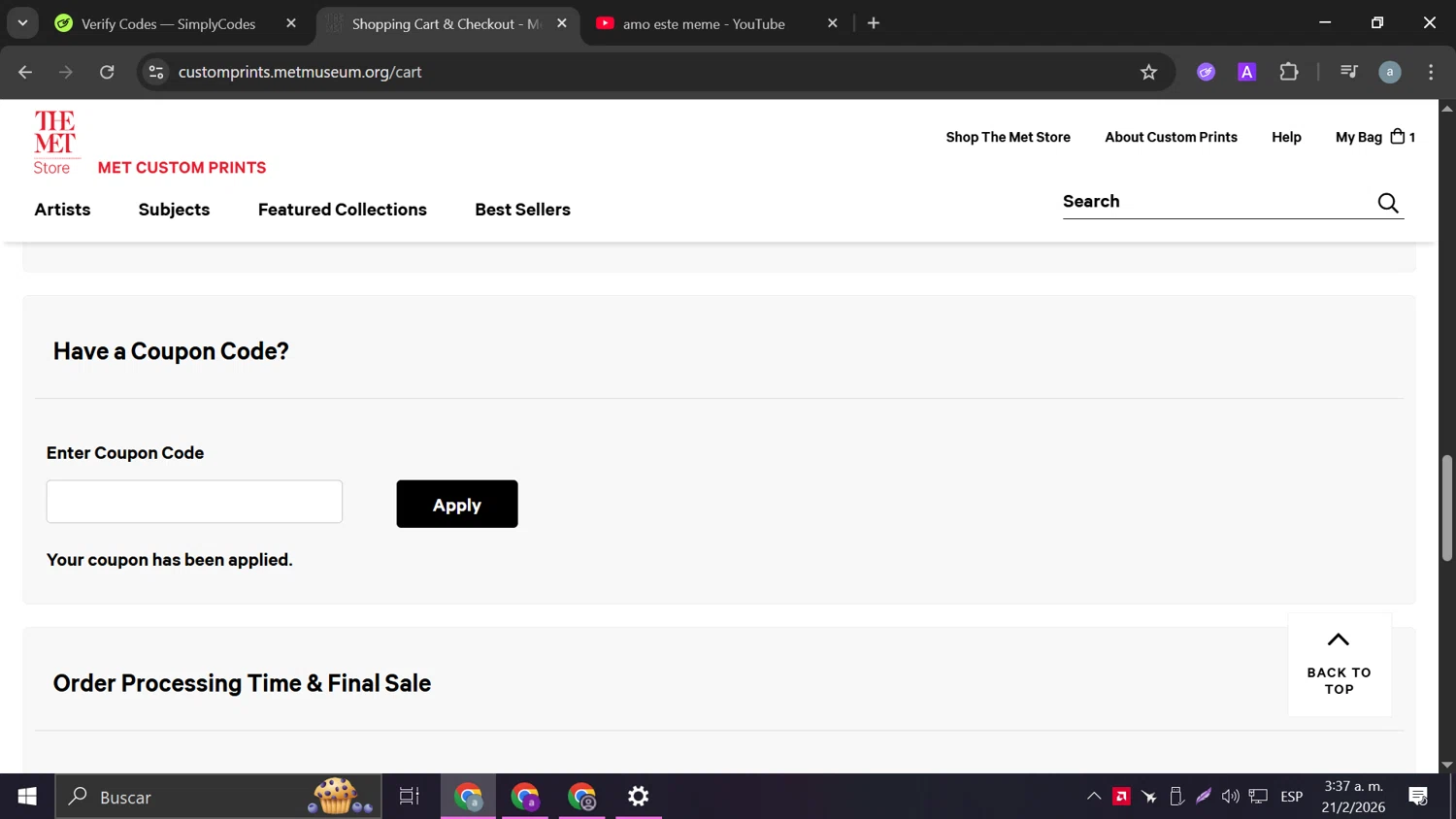 The Met Store promo code screenshot showing code metmcp10 applied at The Met Store checkout page. Uploaded by SimplyCodes community member Anderson on Feb 21, 2026