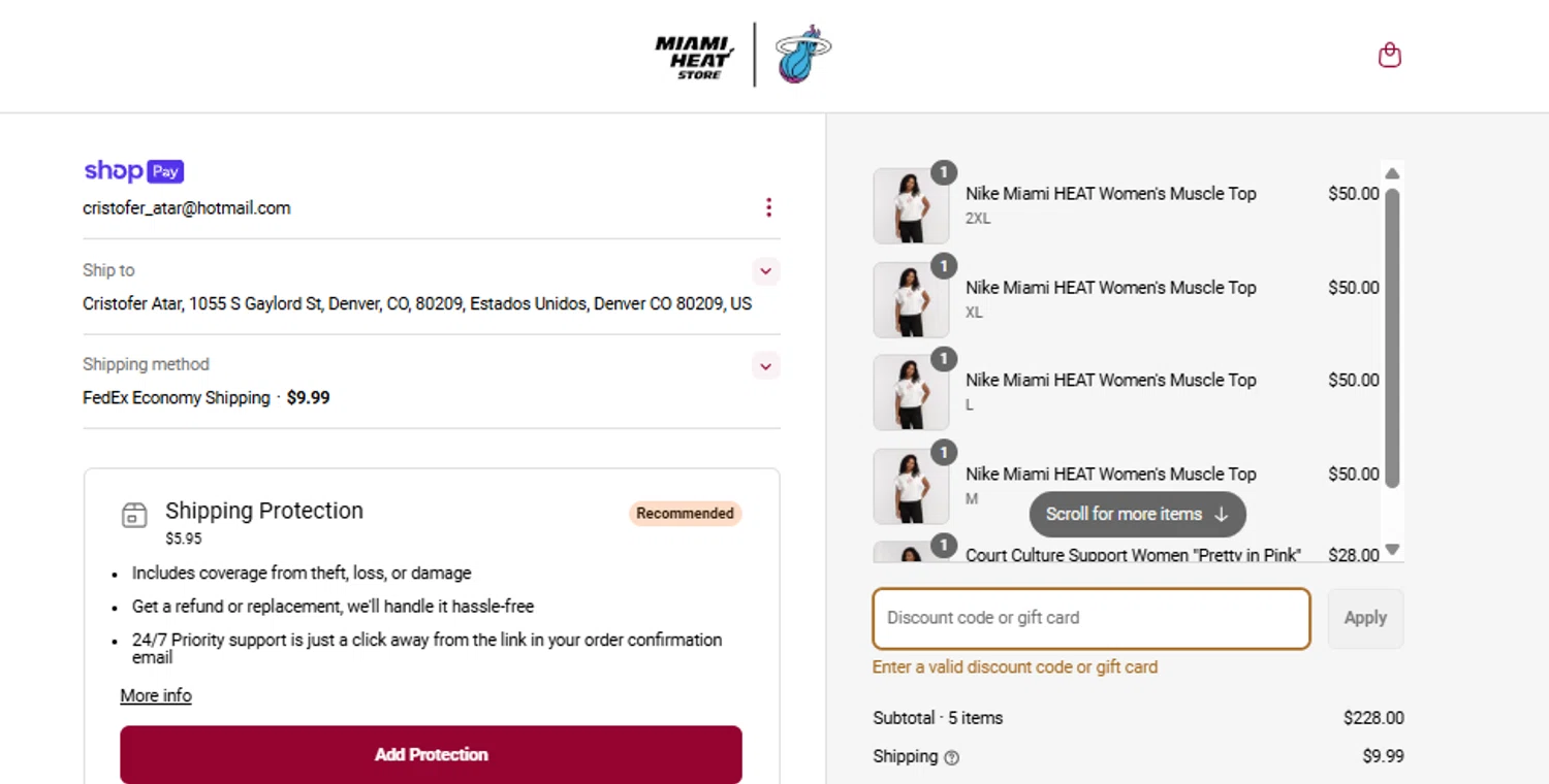 The Miami Heat Store promo code screenshot showing code HEAT50 applied at The Miami Heat Store checkout page. Uploaded by SimplyCodes community member DavidMGF on Jun 11, 2025
