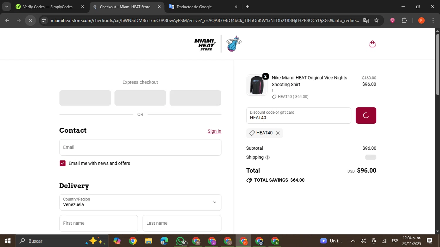 The Miami Heat Store promo code screenshot showing code HEAT40 applied at The Miami Heat Store checkout page. Uploaded by SimplyCodes community member VictoriousCaptain2658 on Nov 29, 2025