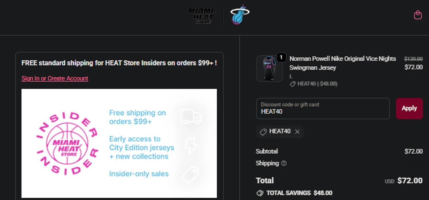 The Miami Heat Store promo code screenshot showing code HEAT40 applied at The Miami Heat Store checkout page. Uploaded by SimplyCodes community member idkxxx on Nov 24, 2025