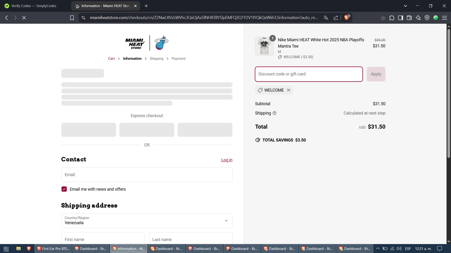 The Miami Heat Store promo code screenshot showing code WELCOME applied at The Miami Heat Store checkout page. Uploaded by SimplyCodes community member nadita on Apr 23, 2025
