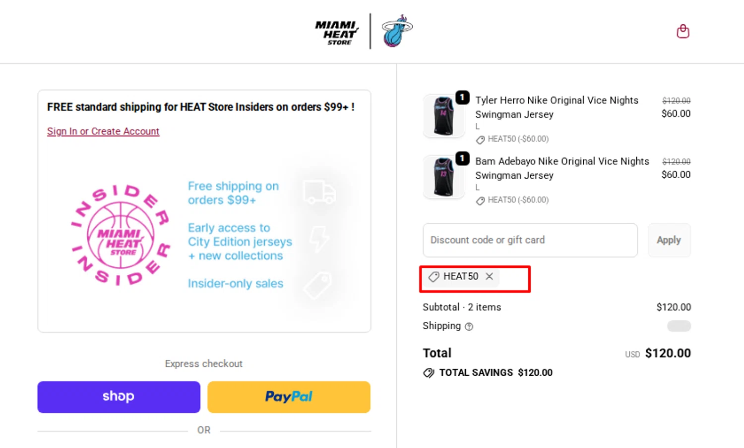 The Miami Heat Store promo code screenshot showing code HEAT50 applied at The Miami Heat Store checkout page. Uploaded by SimplyCodes community member SavingsTitan4239 on Dec 23, 2025