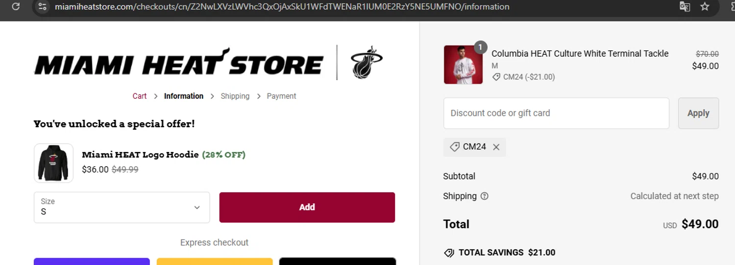 The Miami Heat Store promo code screenshot showing code CM24 applied at The Miami Heat Store checkout page. Uploaded by SimplyCodes community member javierprez on Dec 3, 2024