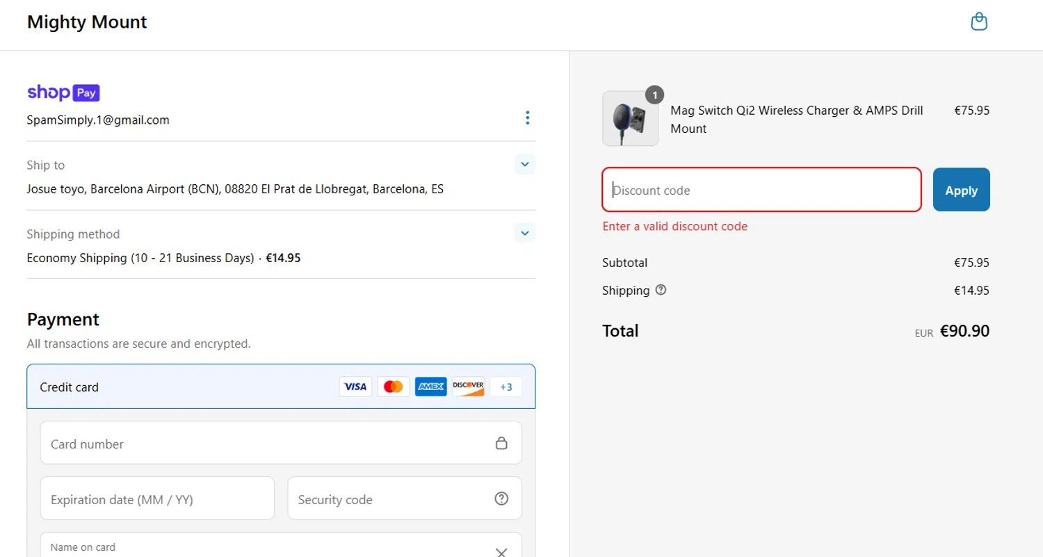 Mighty Mount promo code screenshot showing code SAVE20 applied at Mighty Mount checkout page. Uploaded by SimplyCodes community member THEBANANA on Mar 17, 2025