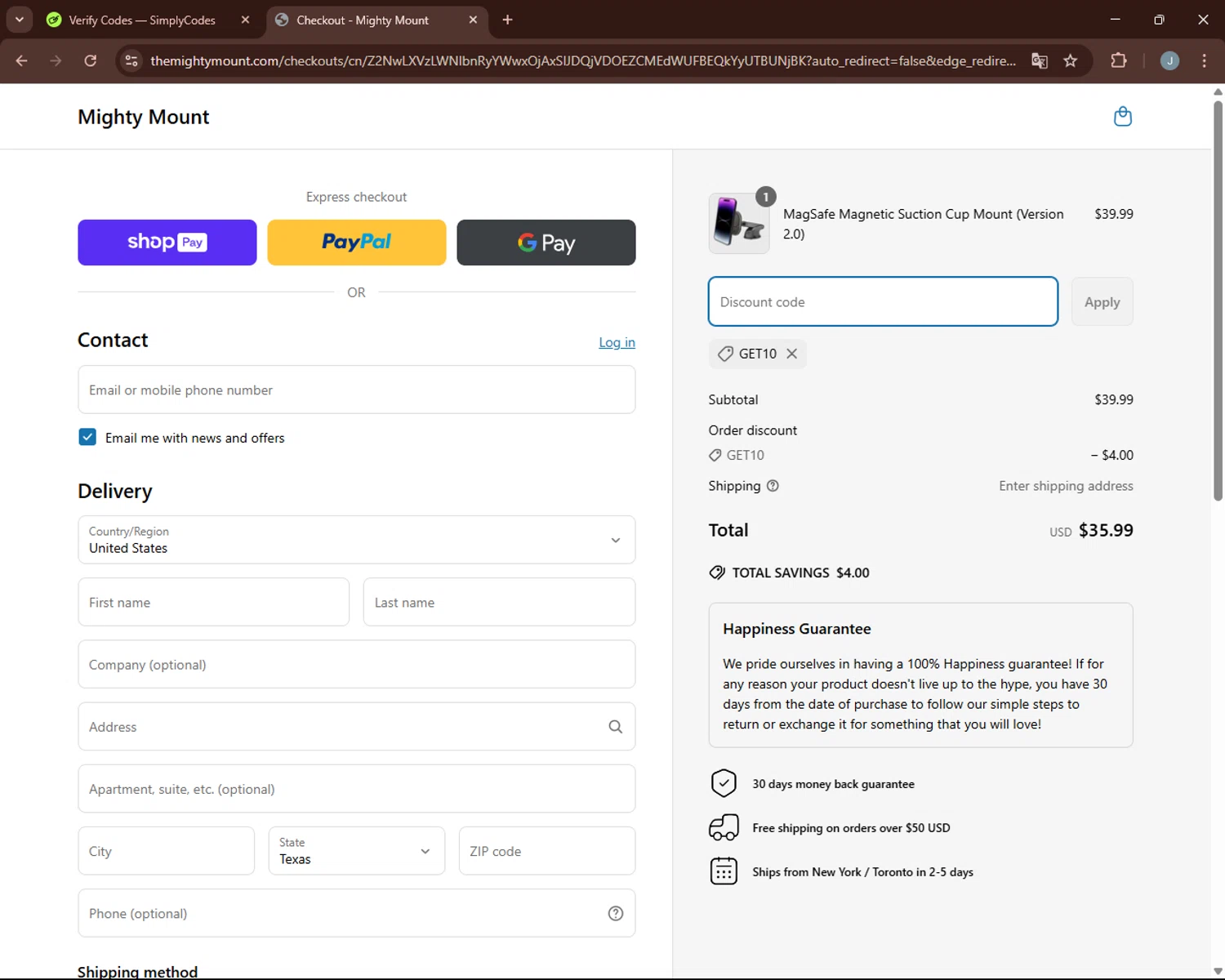 Mighty Mount promo code screenshot showing code GET10 applied at Mighty Mount checkout page. Uploaded by SimplyCodes community member BonusGuardian249 on Apr 9, 2025