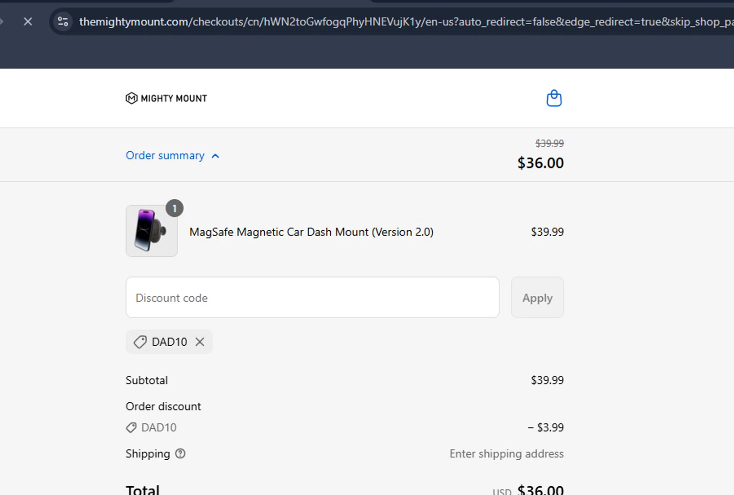 Mighty Mount promo code screenshot showing code DAD10 applied at Mighty Mount checkout page. Uploaded by SimplyCodes community member DiscountHero6788 on Sep 12, 2025
