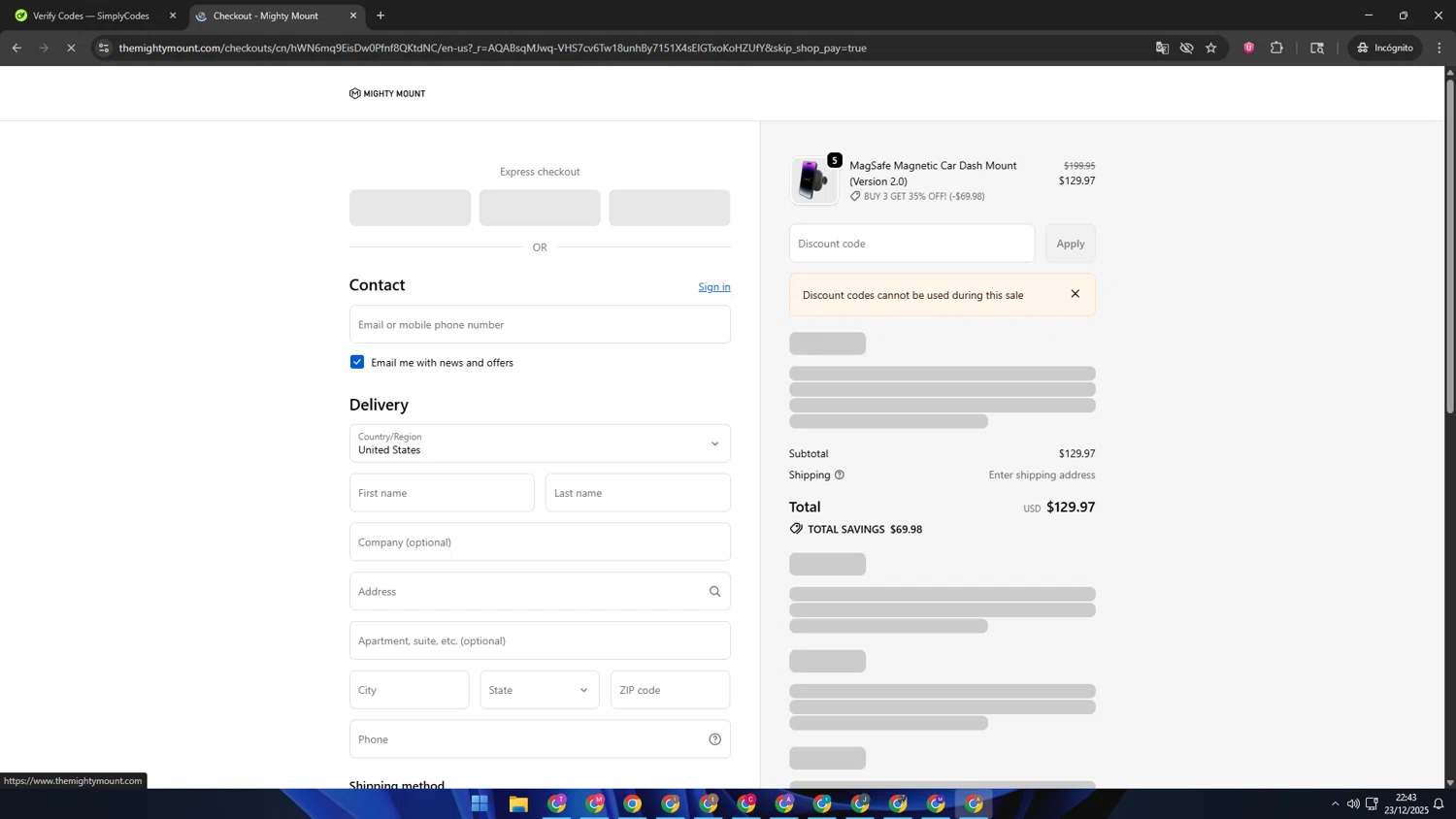 Mighty Mount promo code screenshot showing code DAD10 applied at Mighty Mount checkout page. Uploaded by SimplyCodes community member SwiftSage2309 on Dec 24, 2025