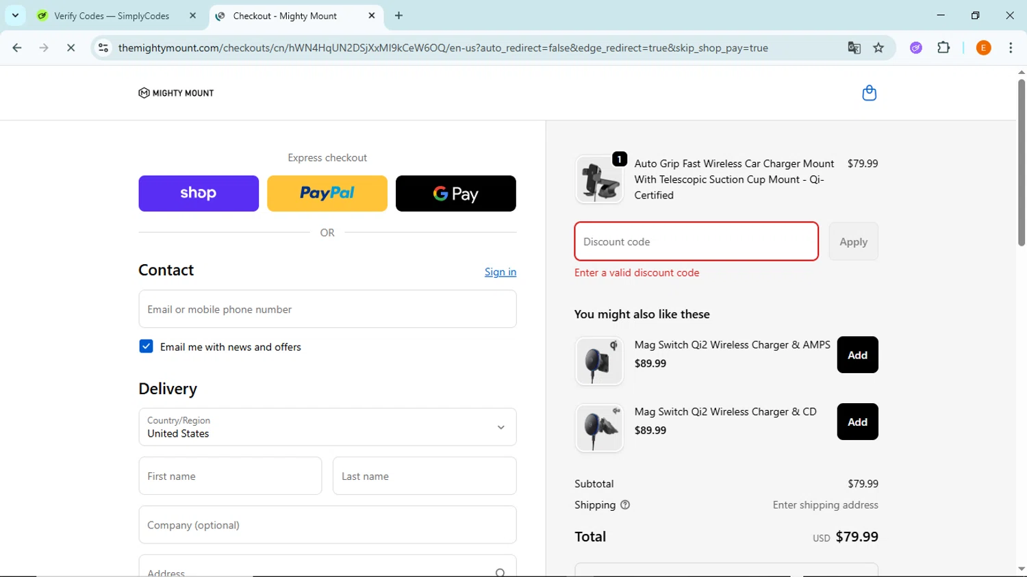 Mighty Mount promo code screenshot showing code PD20 applied at Mighty Mount checkout page. Uploaded by SimplyCodes community member BudgetFox5491 on Oct 19, 2025